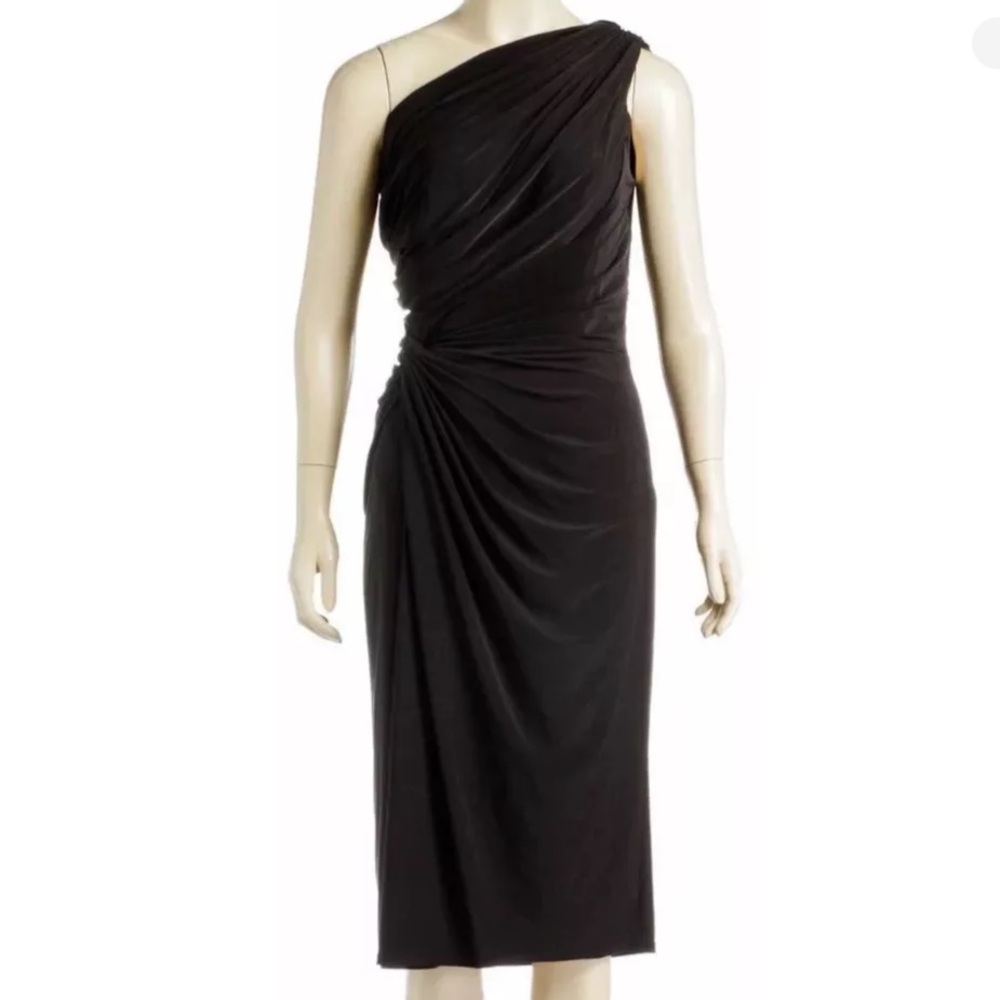 Tadashi Shoji Black One Shoulder Ruched Draped Neck Midi Evening Dress Size XS